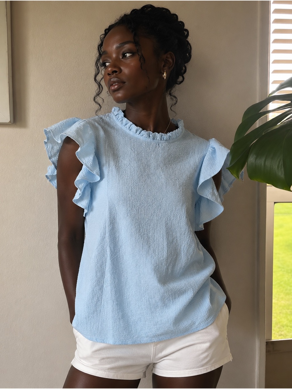 SHEIN Light Blue Ruffle Sleeve Blouse